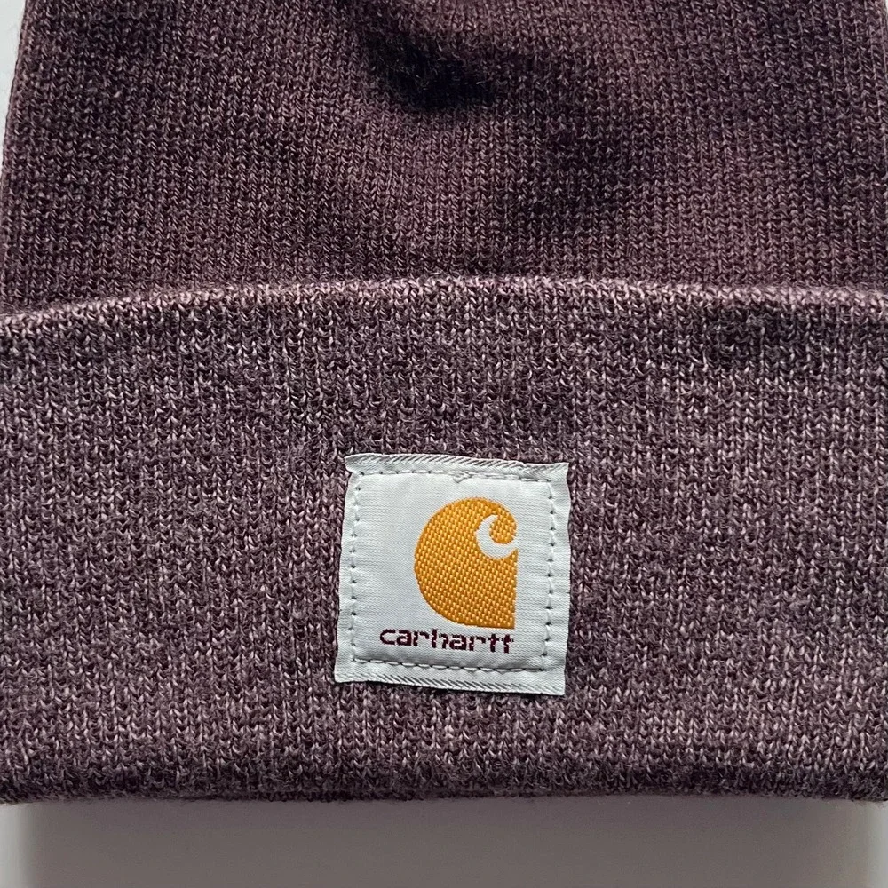 Carhartt Plum Pom Cuff Beanie Knit Hat Logo USA Thermal Workwear  Unisex Ski